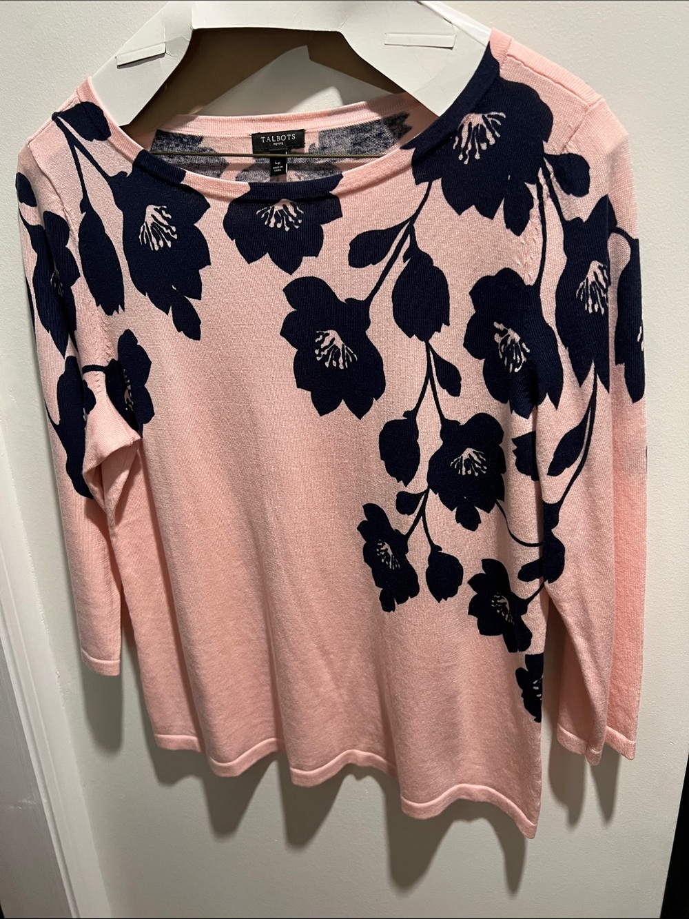 Talbots Pink Long-Sleeve Knit Top with Navy Floral Motif